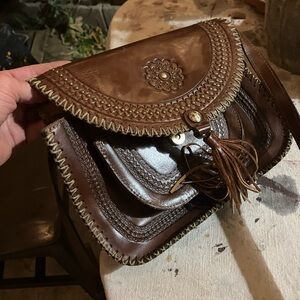 Patricia Nash Brown Leather Clutch with Whipstitching and Fringe